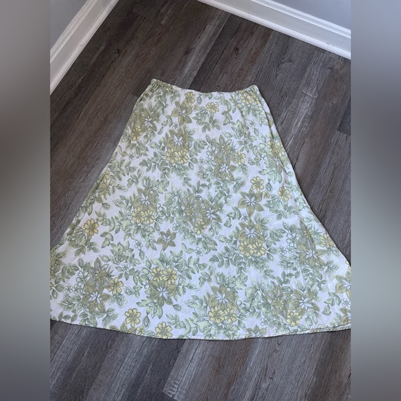 VTG JM COLLECTION 100% Linen Floral Green Yellow White A Line Skirt Size L 12 - Picture 4 of 7